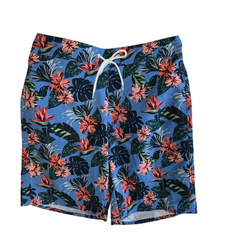St John's Bay Swim Trunks Mens Small Blue‎ NWT Floral 9 Inseam UPF 50+ 519-1009